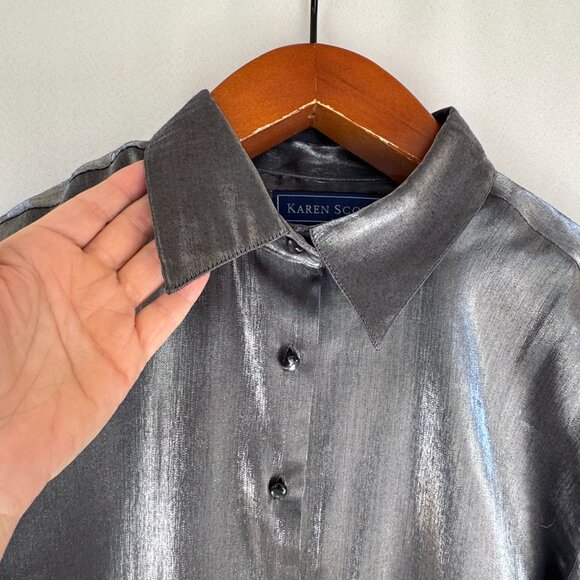 90s Vintage Karen Scott Liquid Dark Silver Long Sleeve Button Up Evening Blouse - Picture 4 of 14